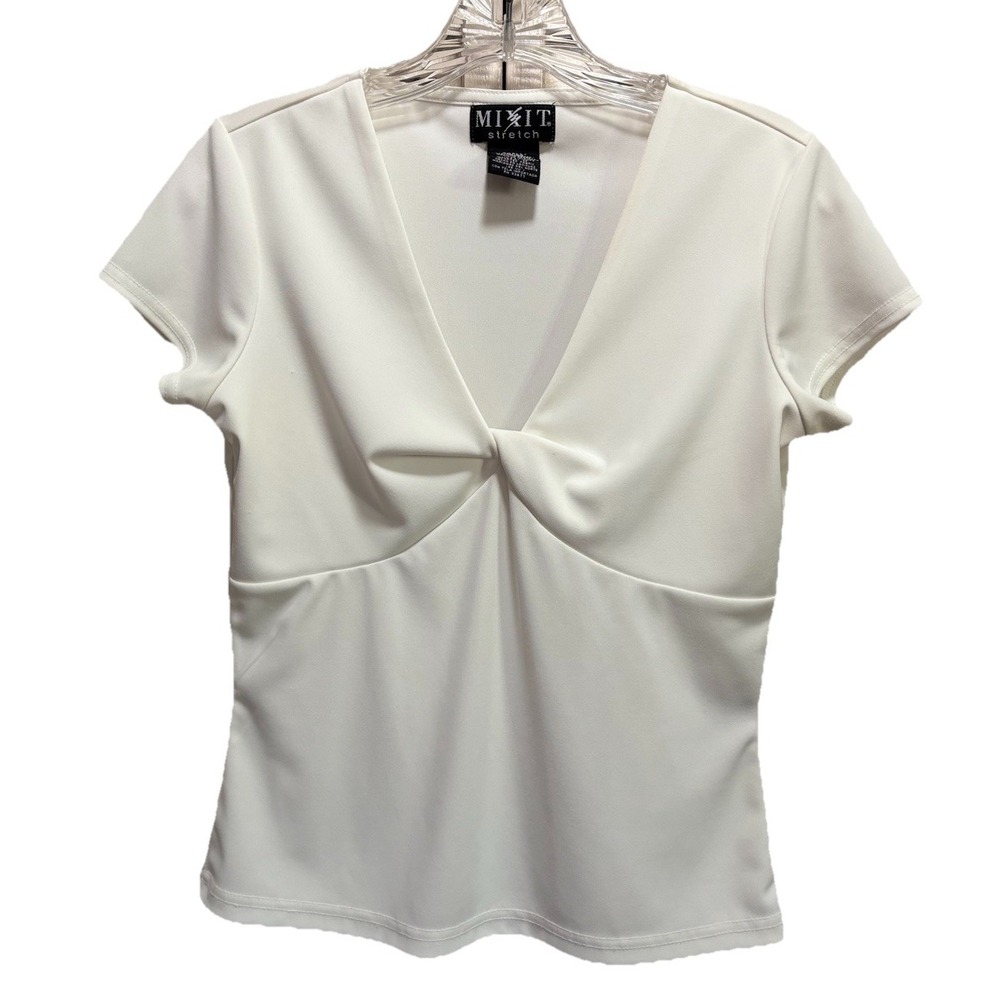 Mix It White Twist Front V Neck Short Sleeve Blouse Size Small Stretch